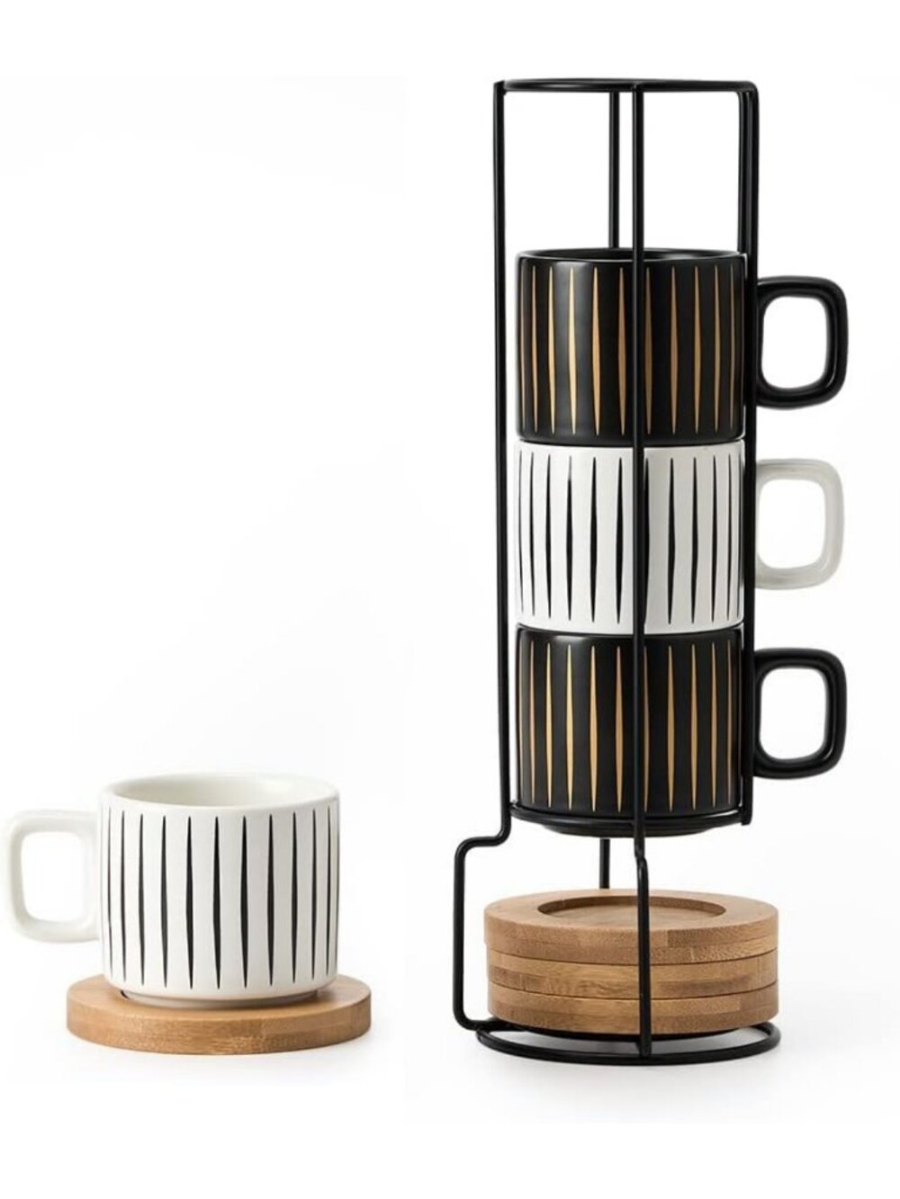 Stackable Porcelain Espresso Cups Set of 4 with Saucer & Metal Stand - 4oz
